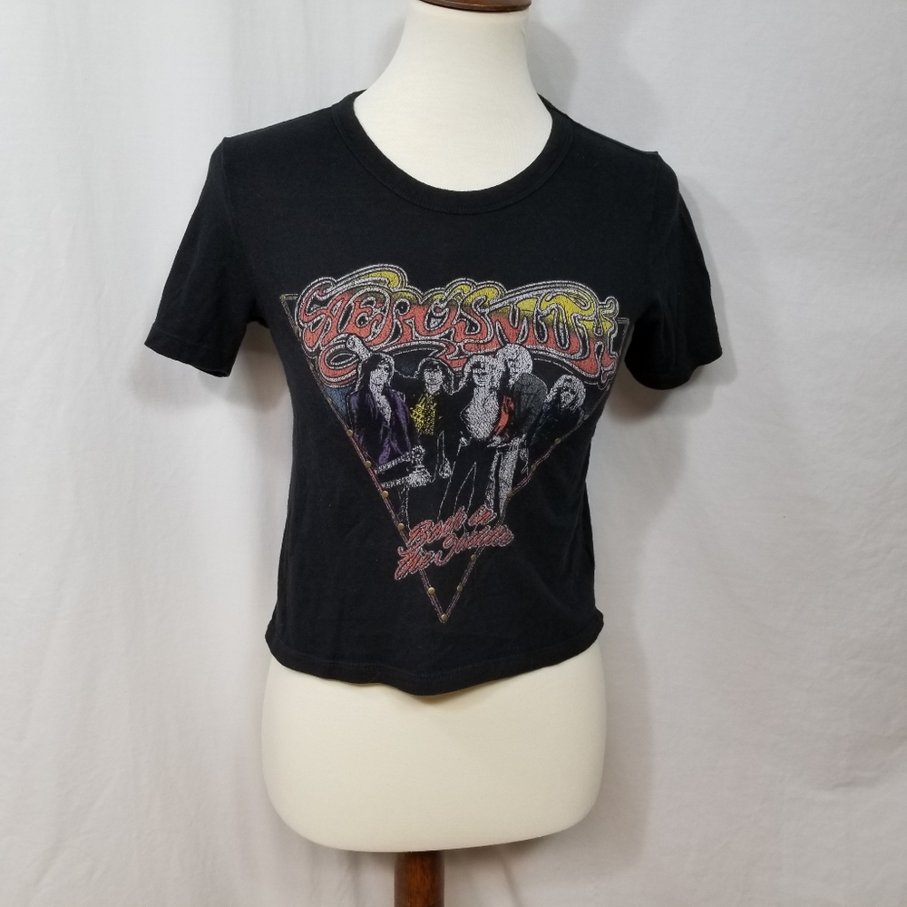 Aerosmith Band Black Cotton Studded Junior's S Short Sleeve Crop Top Baby Tee